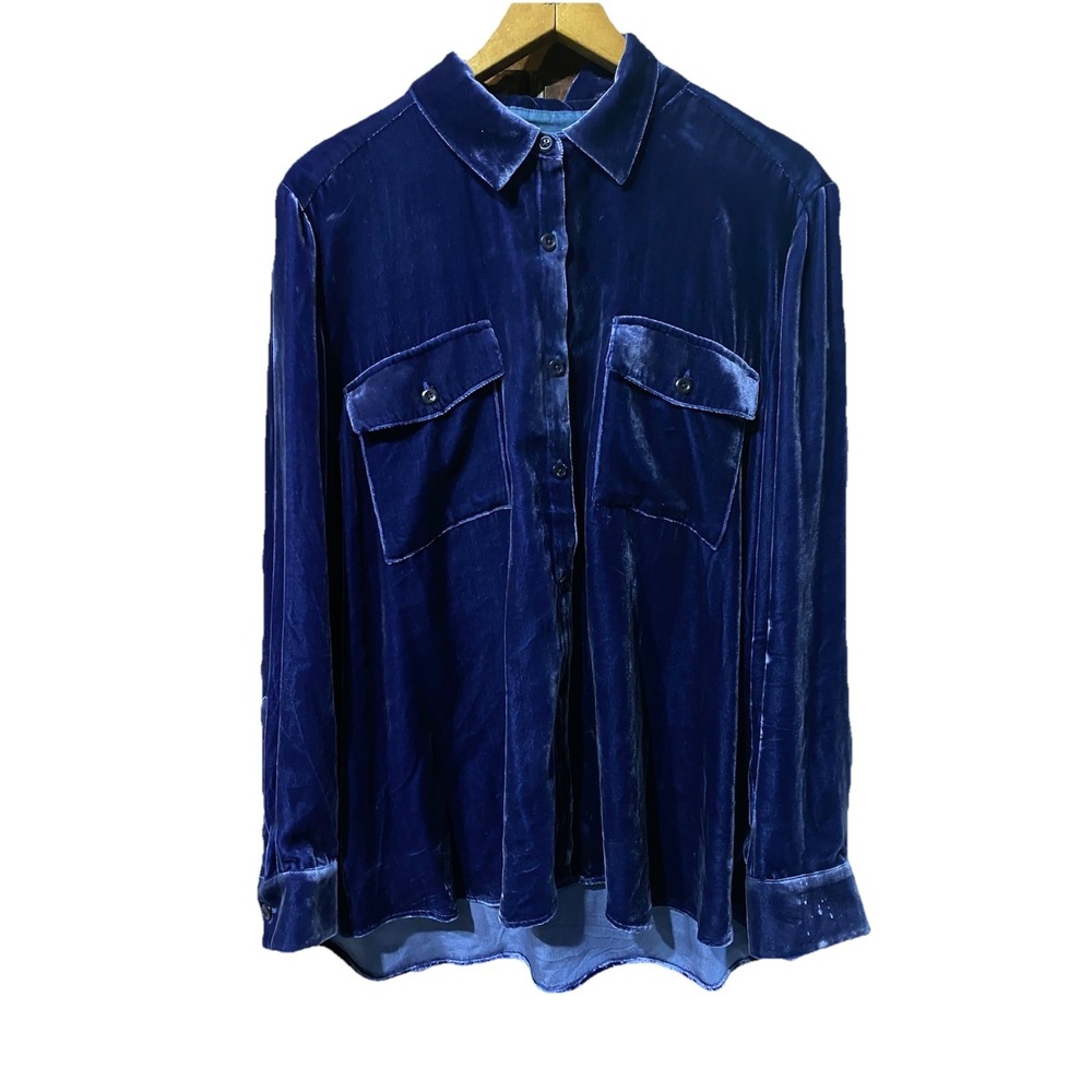 Sundance Catalog Blue Long Sleeve Julianna Velvet Shirt Size XL Silk with FLAWS